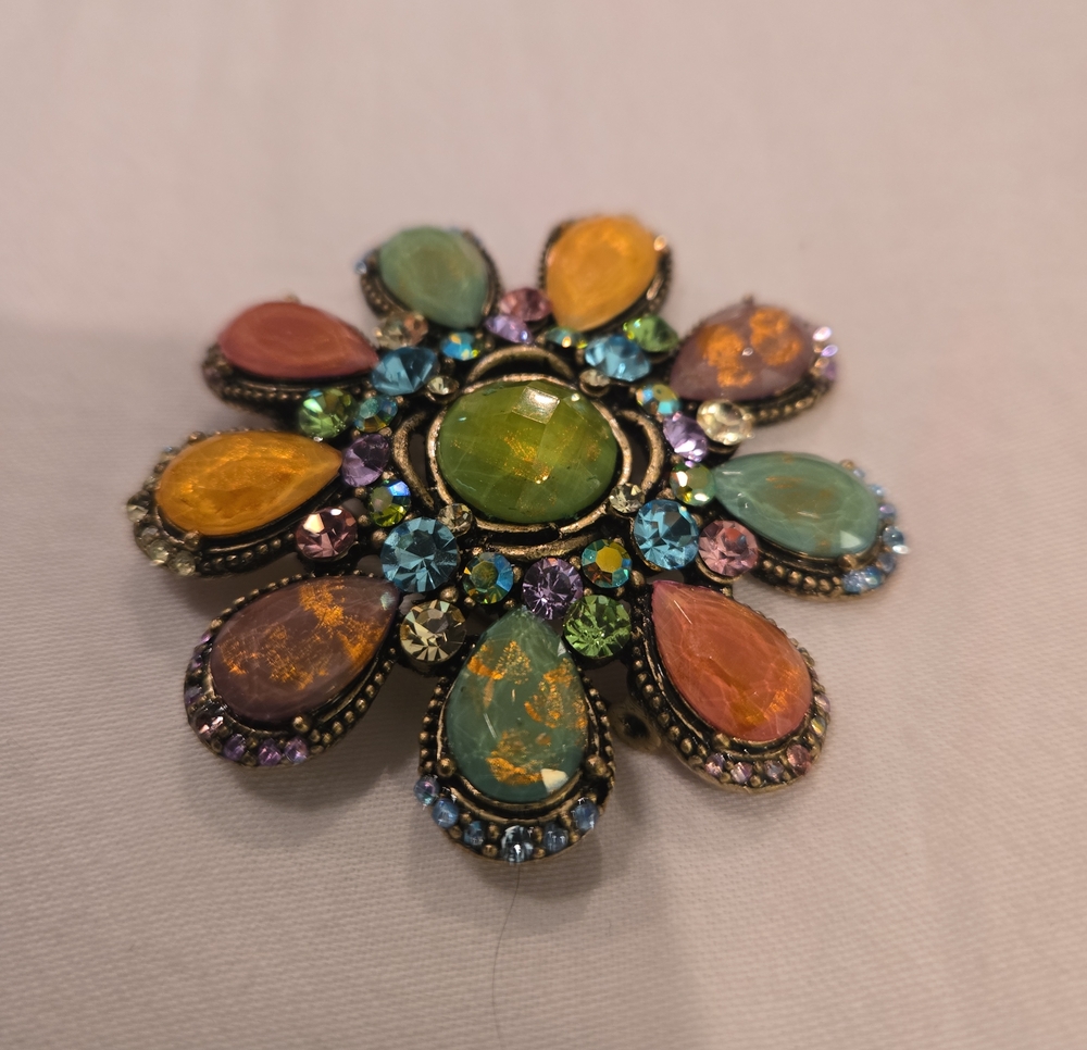 Multicolor Floral Statement Brooch Pin - Colorful Gem Accent